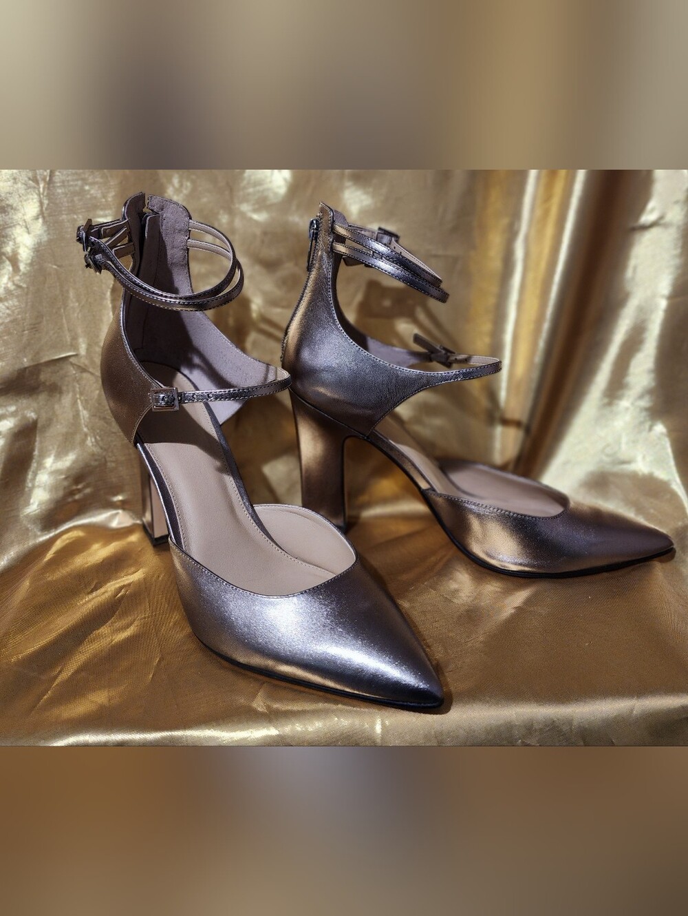 Metallic Silvery Bronze Double Ankle-Strap Women's Pumps
